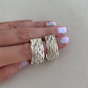 Vintage Sterling Silver Braided Diamond Cut Herringbone Hoop Earrings Boho Hoops
